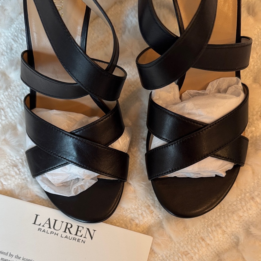 Lauren Ralph Lauren Black Leather Crisscross Strappy Heels - Picture 3 of 7